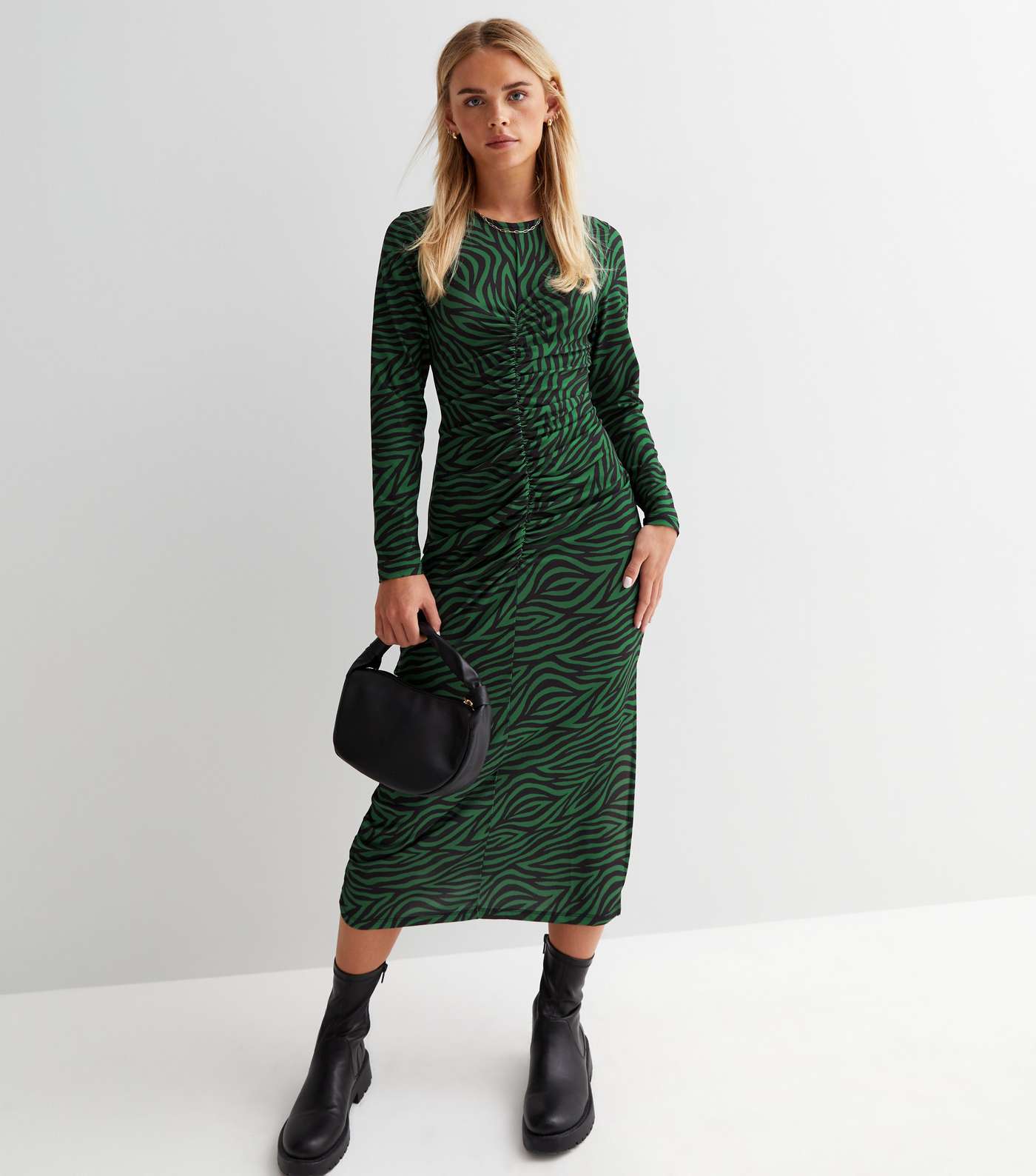 Petite Green Zebra Print Long Sleeve Ruched Front Midi Dress Image 2