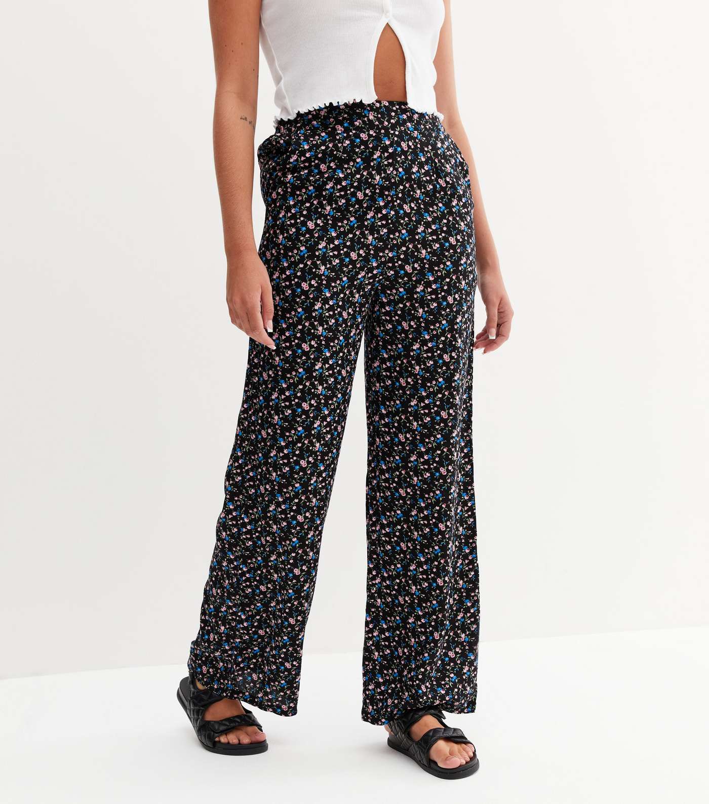 Tall Black Ditsy Floral High Waist Wide Leg Trousers Image 2
