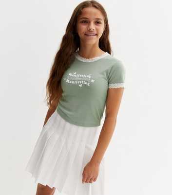 Girls Light Green Lace Trim Manifesting Logo T-Shirt