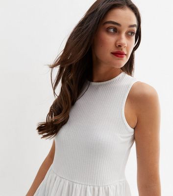 White Ribbed Racer Peplum Top