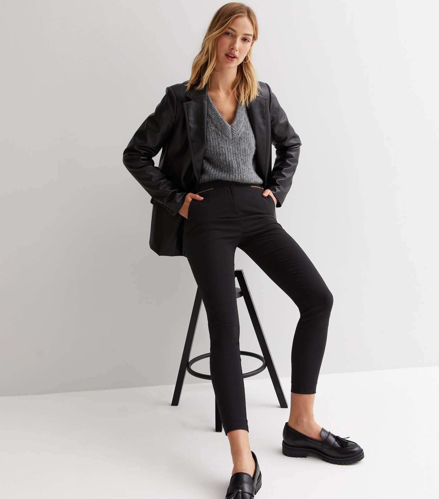Black Zip Skinny Fit Short Length Trousers Image 2