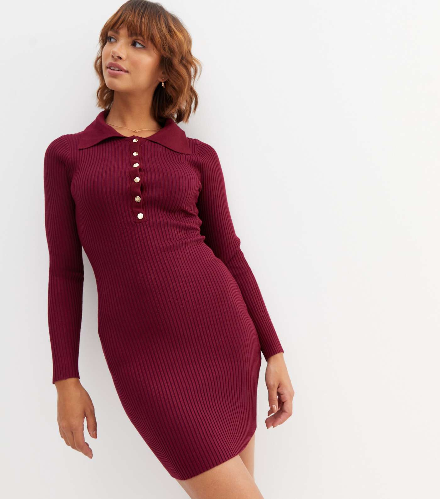 Pink Vanilla Plum Ribbed Knit Collared Button Front Mini Bodycon Dress