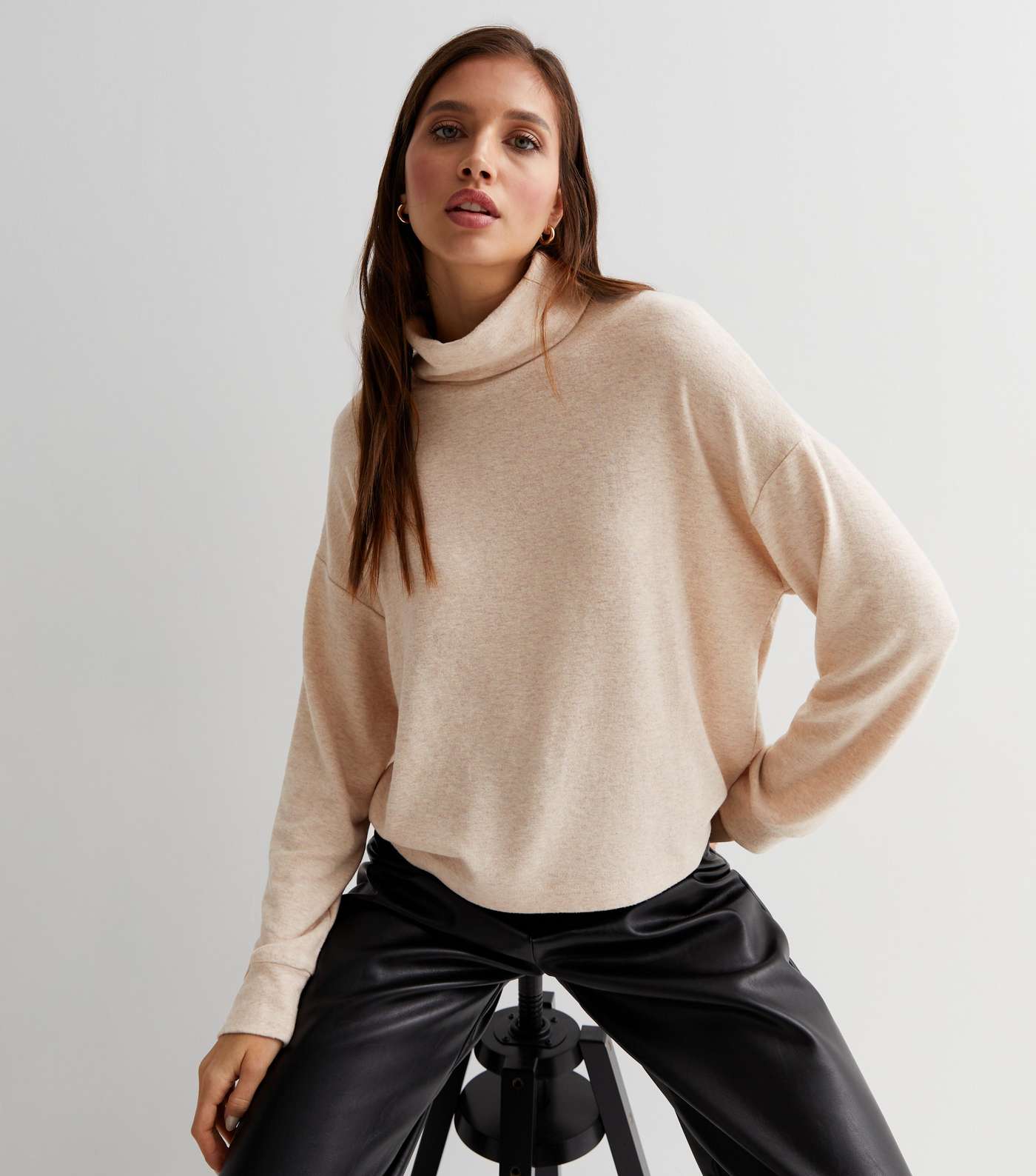 Cream Brushed Knit Roll Neck Boxy Top