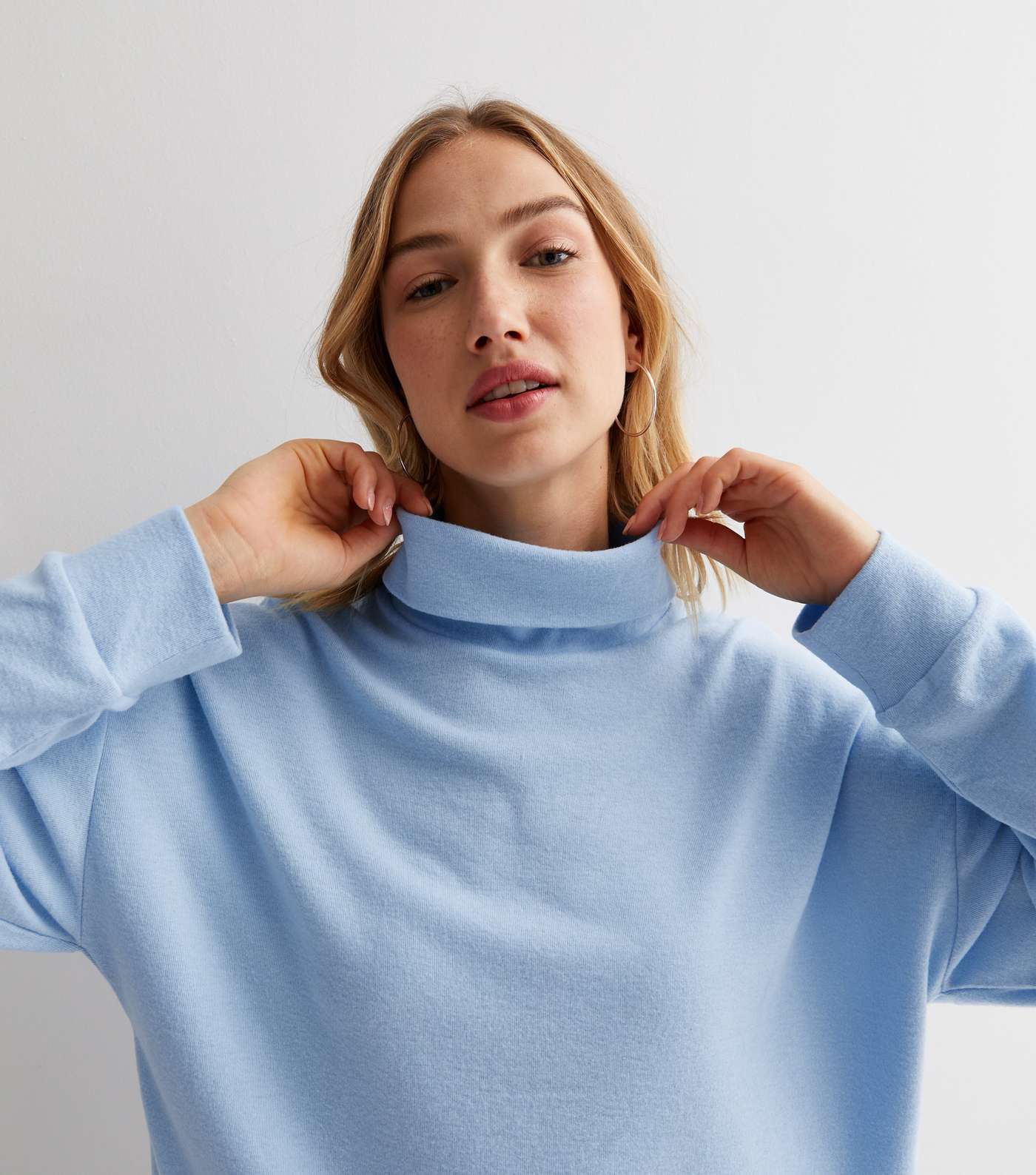 Pale Blue Brushed Knit Roll Neck Boxy Top