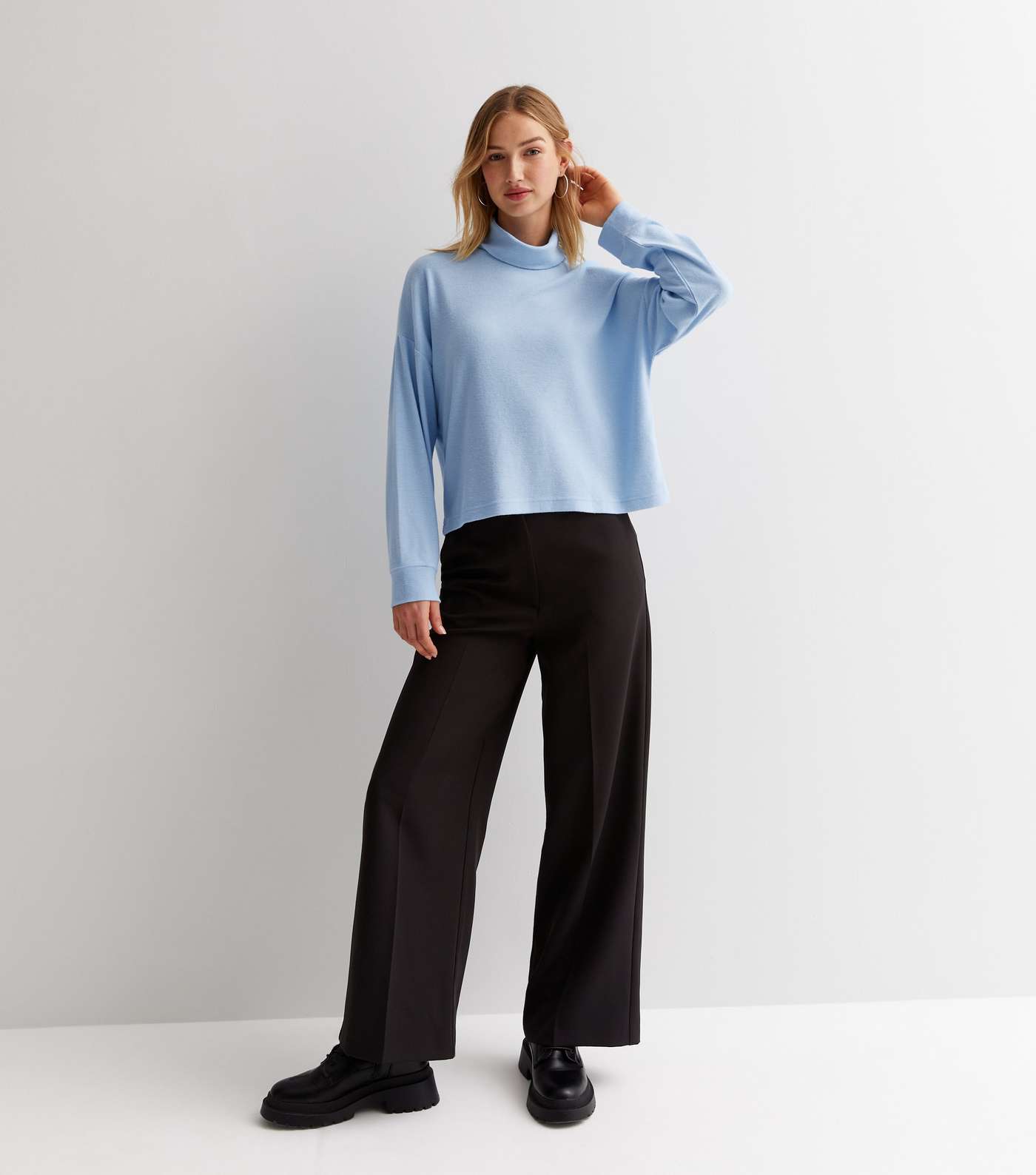 Pale Blue Brushed Knit Roll Neck Boxy Top Image 3