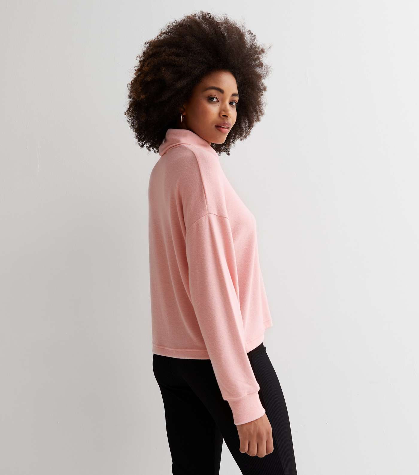 Pink Brushed Knit Roll Neck Boxy Top Image 4