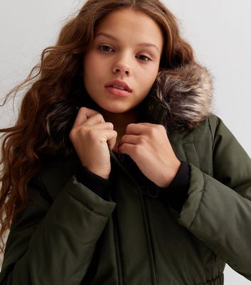 KIDS ONLY Khaki Faux Fur Hooded Parka Jacket New Look