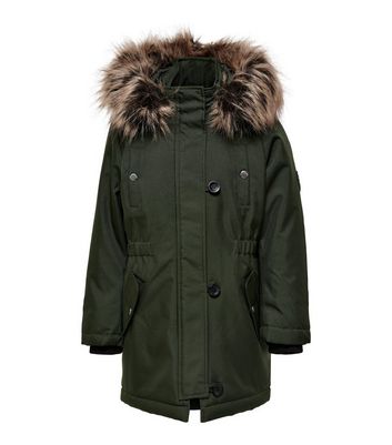 KIDS ONLY Khaki Faux Fur Hooded Parka Jacket New Look