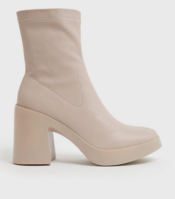 Off White Leather-Look Chunky Block Heel Sock Boots