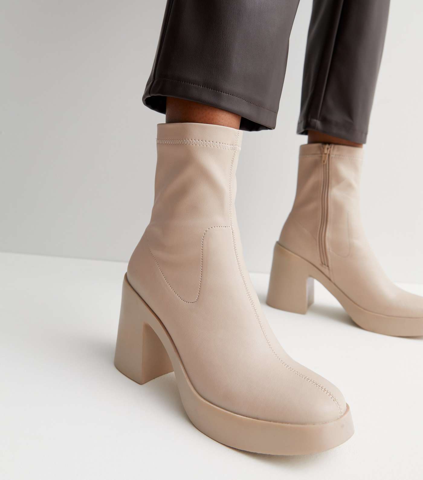 Off White Leather-Look Chunky Block Heel Sock Boots Image 2