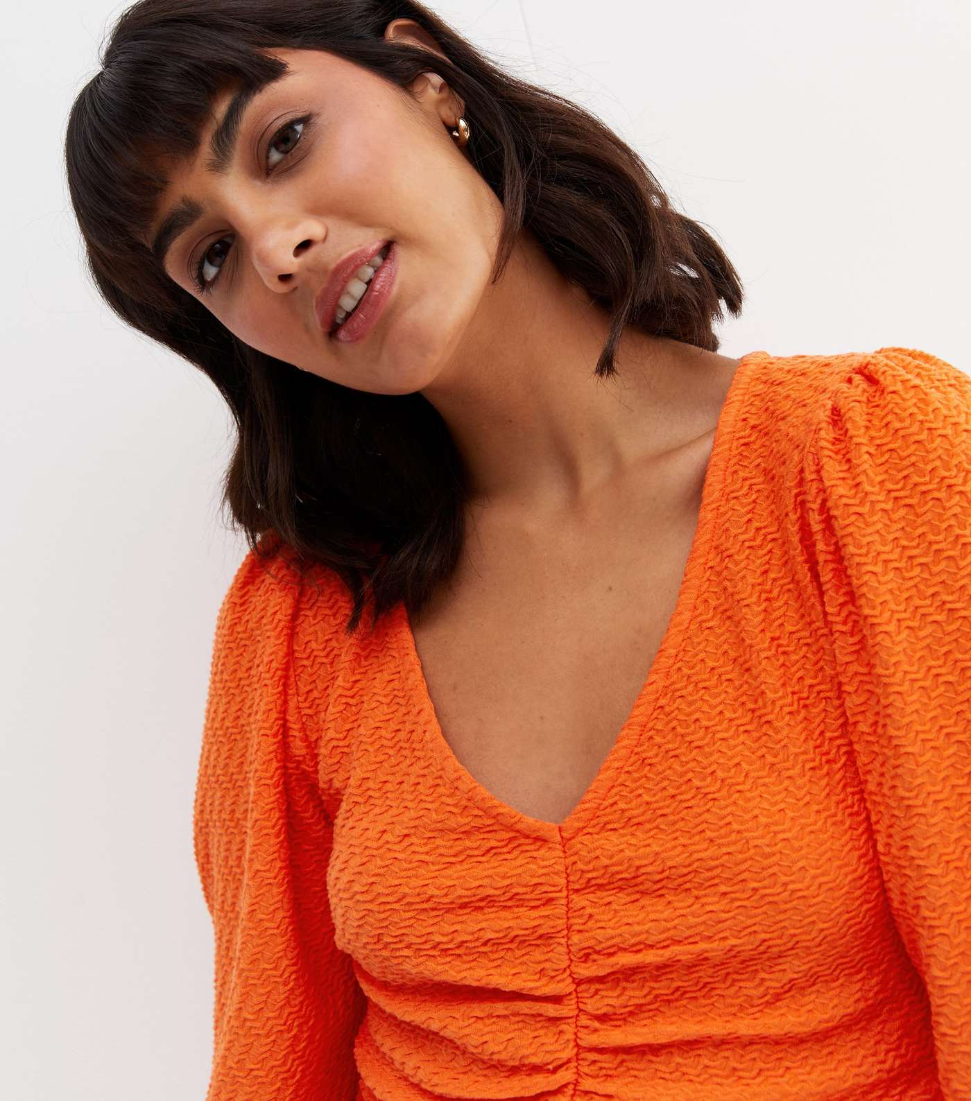 Bright Orange Textured Knit Ruched Long Sleeve Top Image 3