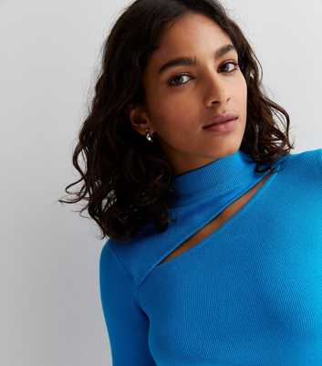 Petite Turquoise Ribbed Knit Cut Out Crew Neck Jumper