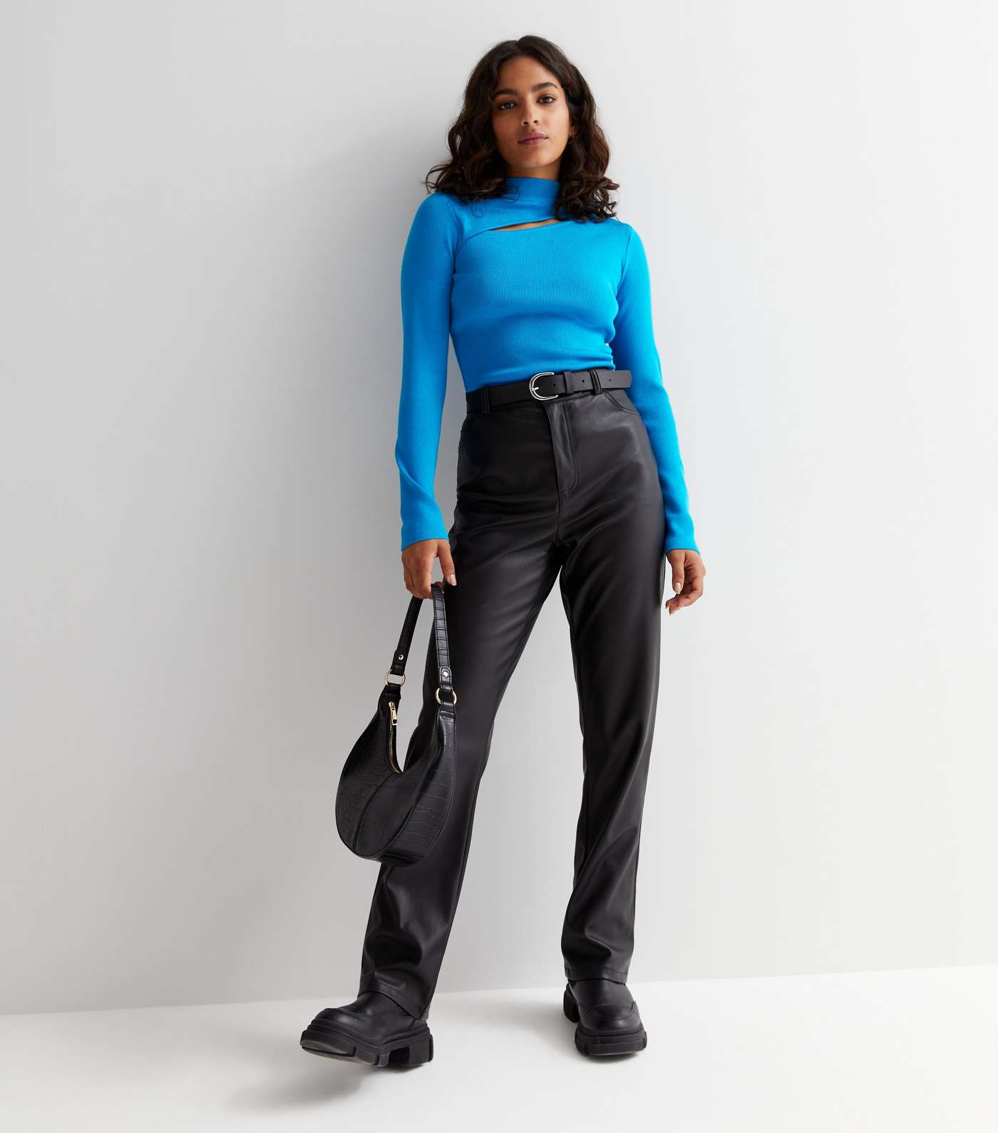 Petite Turquoise Ribbed Knit Cut Out Crew Neck Jumper Image 2