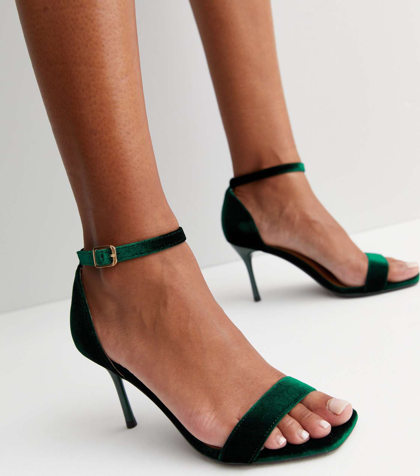 Dark Green Velvet Stiletto Heel Sandals Image 2