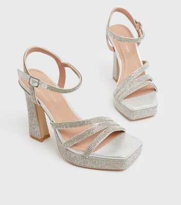 Silver diamond hot sale block heels