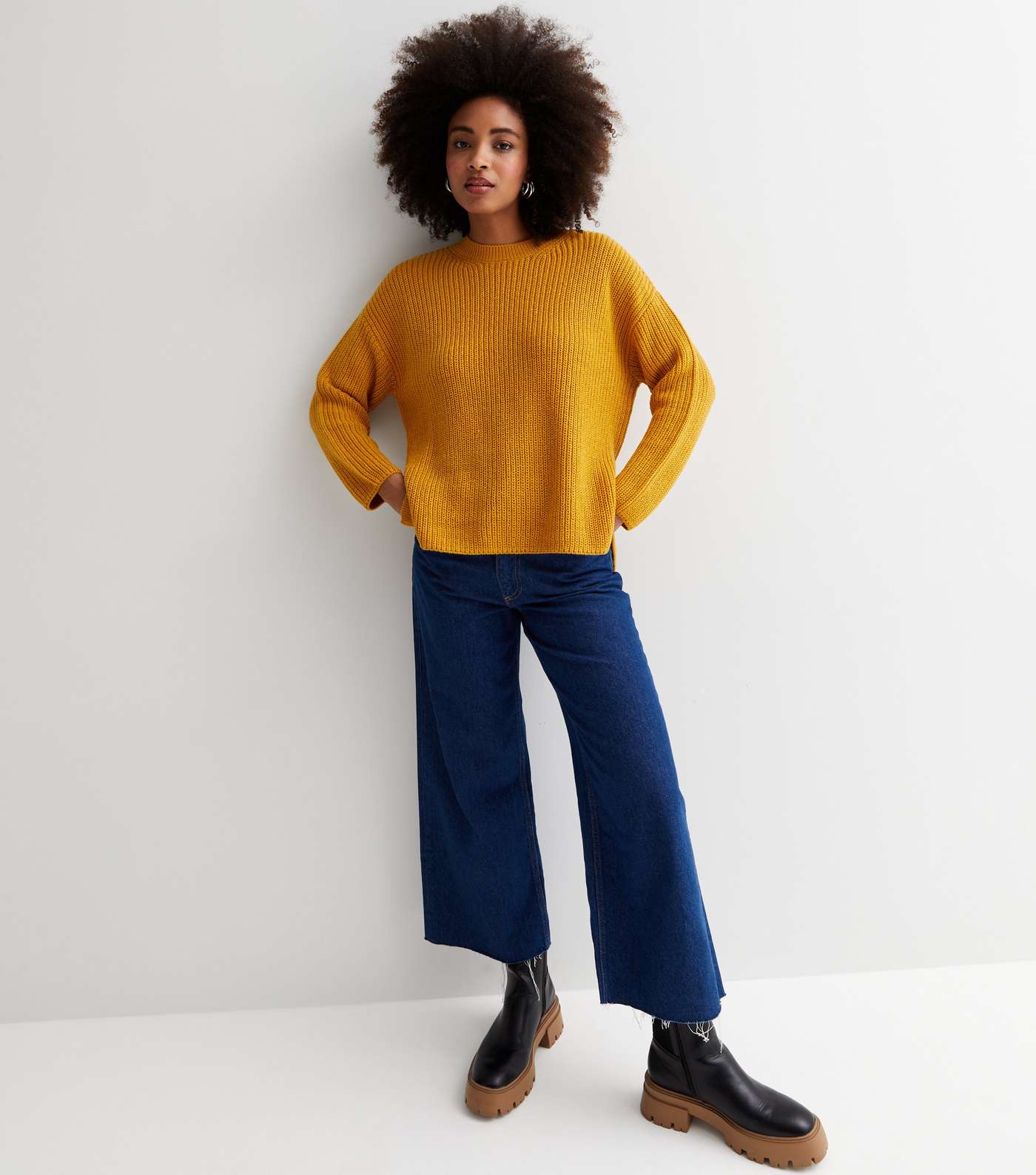 Mustard Knitted Split Hem Long Sleeve Jumper Image 3
