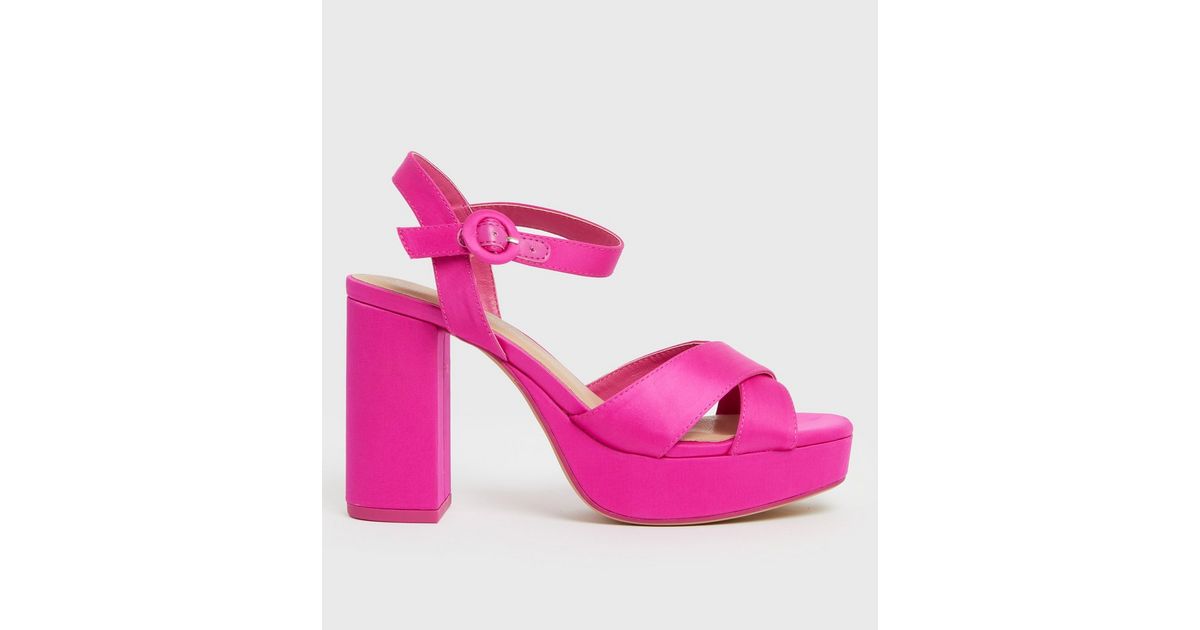Hassy Forensic medicine simply Bright Pink Satin Block Heel Platform Sandals | New Look