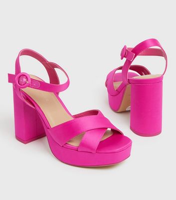 Pink satin block outlet heels