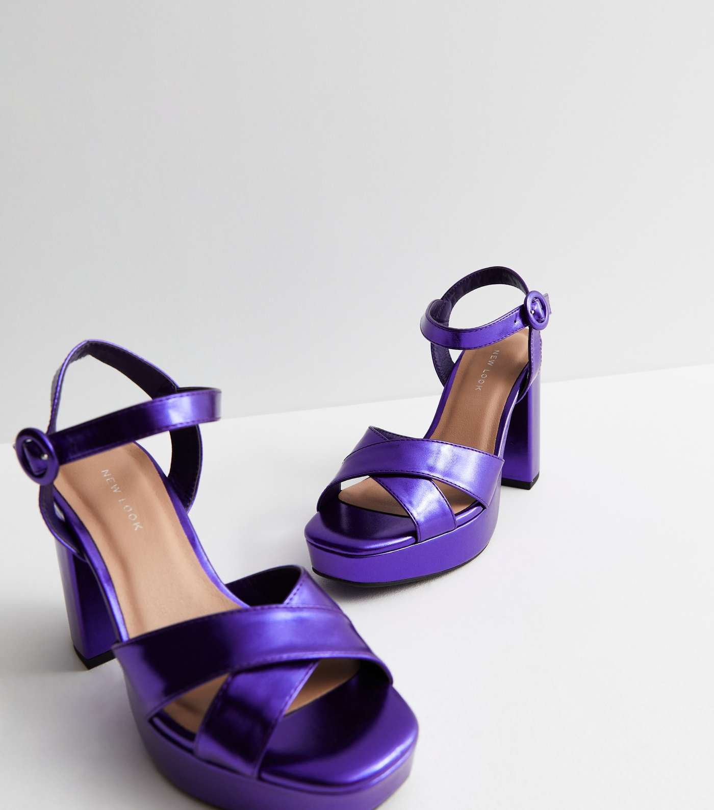 Purple Metallic Block Heel Platform Sandals