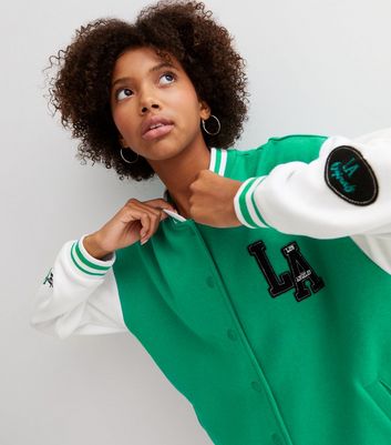 Girls Green LA Varsity Logo Bomber Jacket New Look