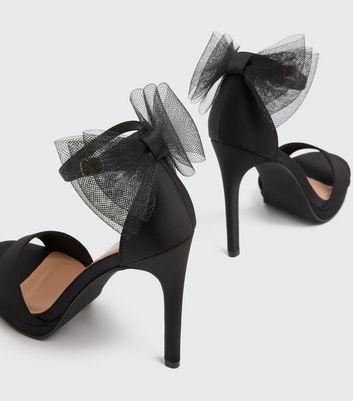 Black Satin Bow Front Stiletto Heel Court Shoes | New Look
