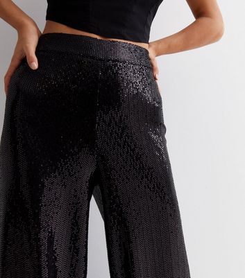 Tall Black Sequin Palazzo Trousers  In The Style