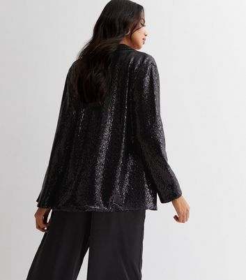 Black Sequin Ruched Sleeve Blazer