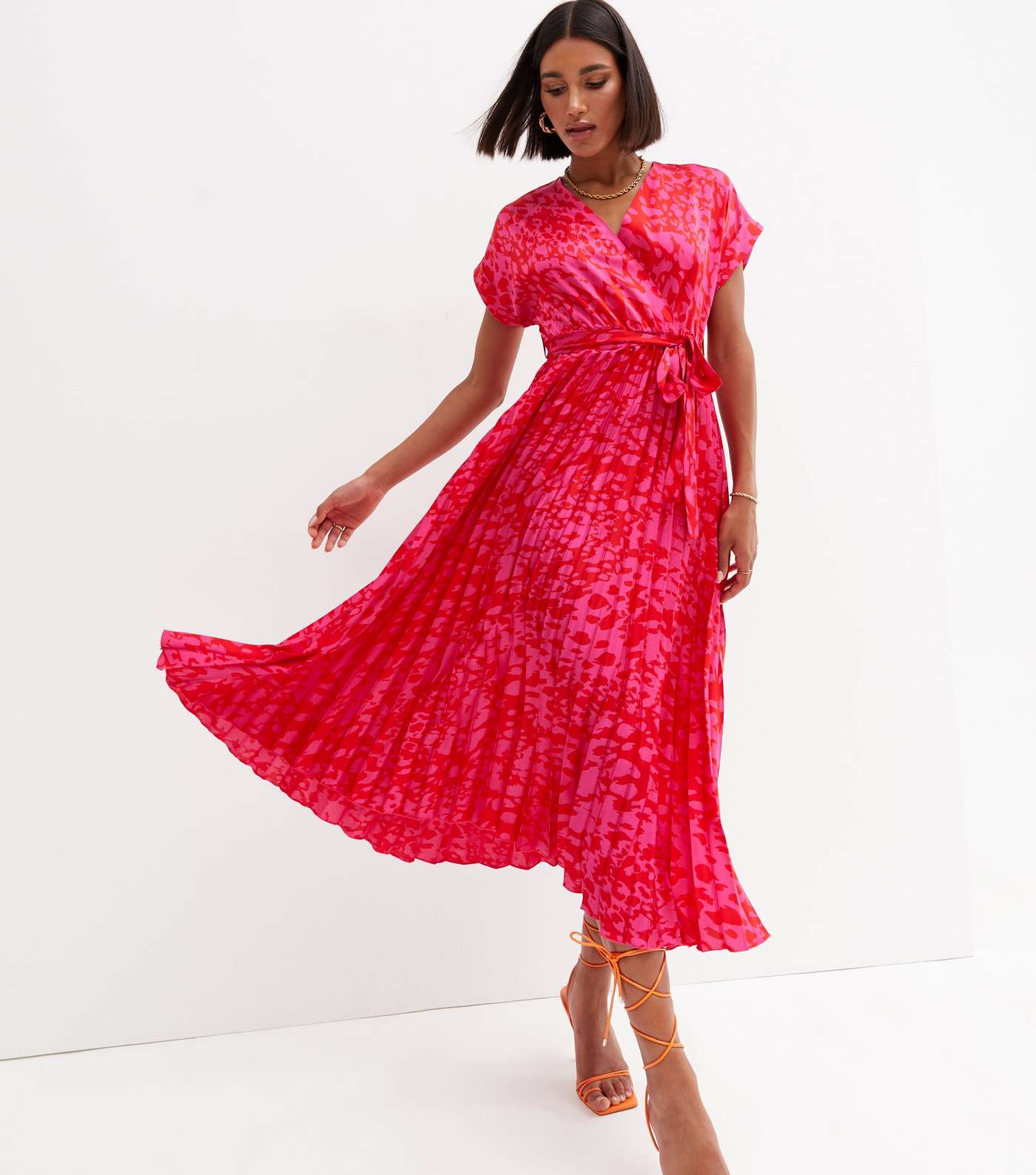 Pink Leopard Print Satin V Neck Pleated Midi Wrap Dress