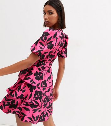 Pink Floral Satin Short Puff Sleeve 