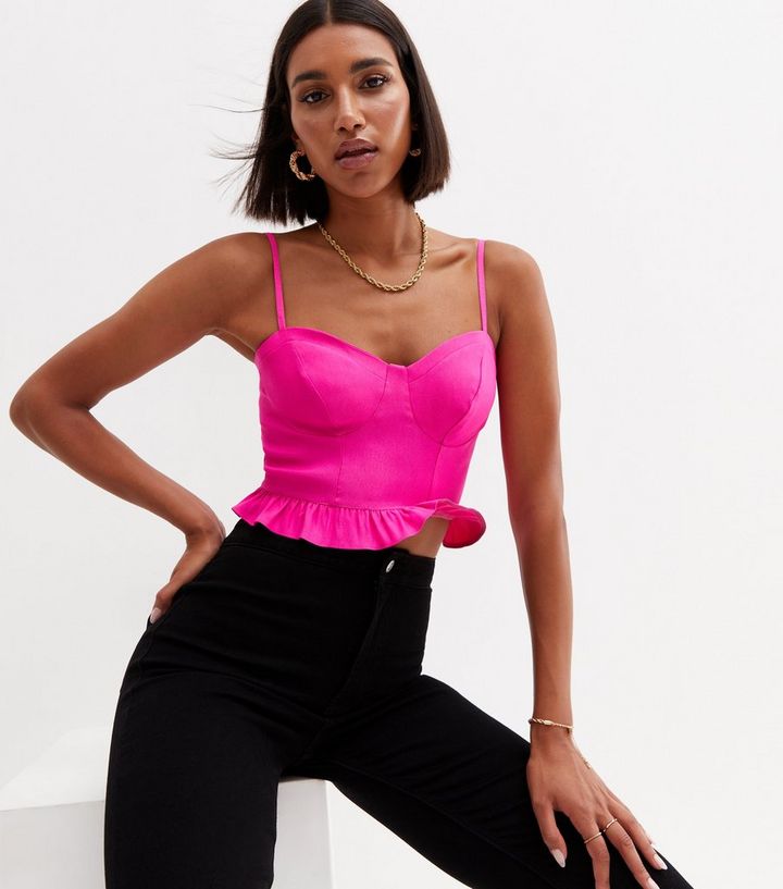 wait Arthur Middle Bright Pink Strappy Peplum Corset Top | New Look