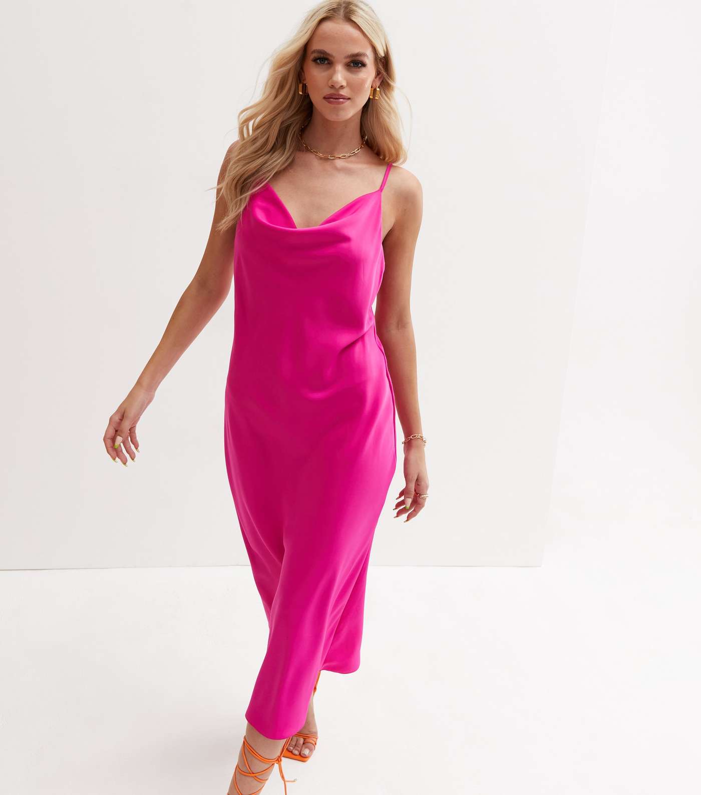 Bright Pink Satin Cowl Neck Midi Slip Dress