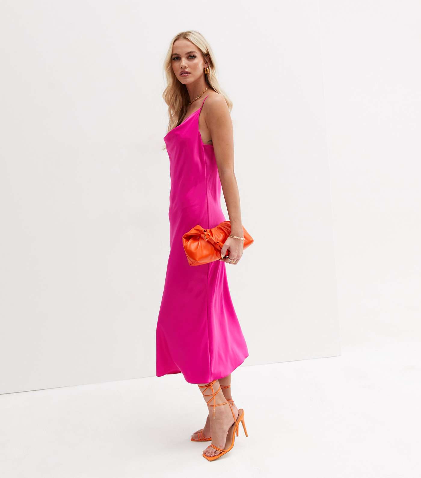 Bright Pink Satin Cowl Neck Midi Slip Dress Image 3