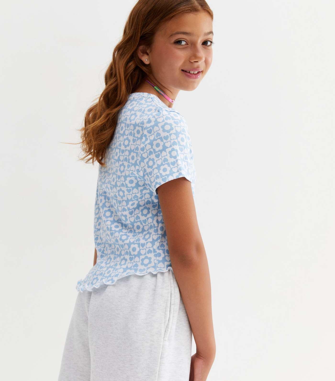 Girls Pale Blue Floral Frill Curved Hem T-Shirt Image 4