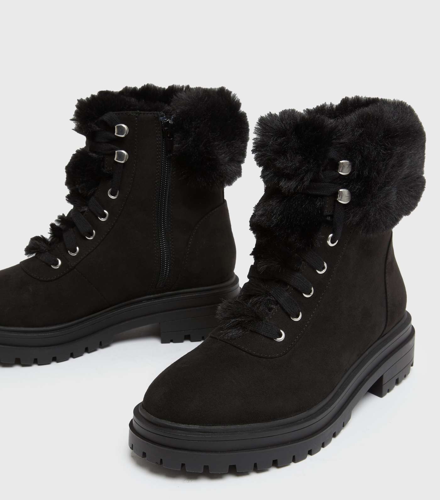 Black Suedette Faux Fur Trim Chunky Boots Image 3