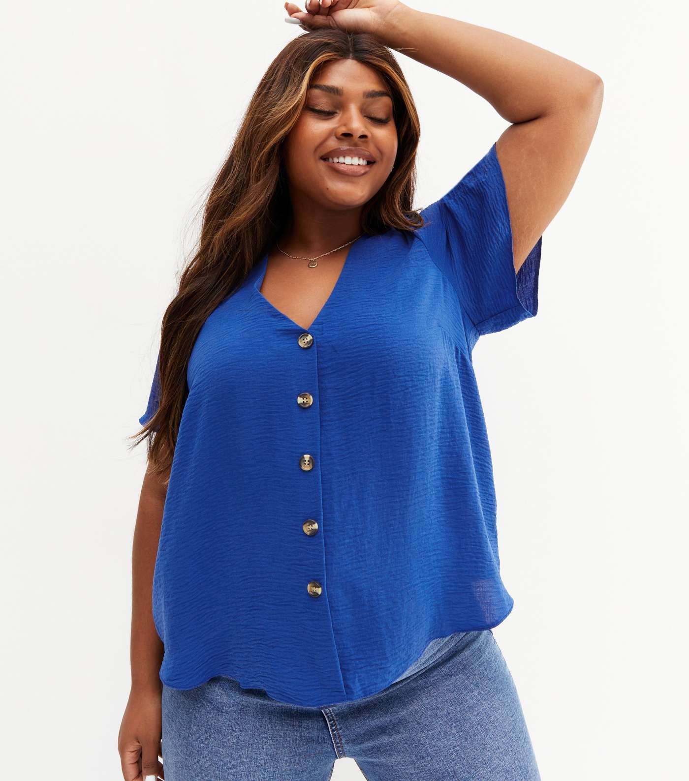 Curves Bright Blue Button Short Sleeve Top Image 2