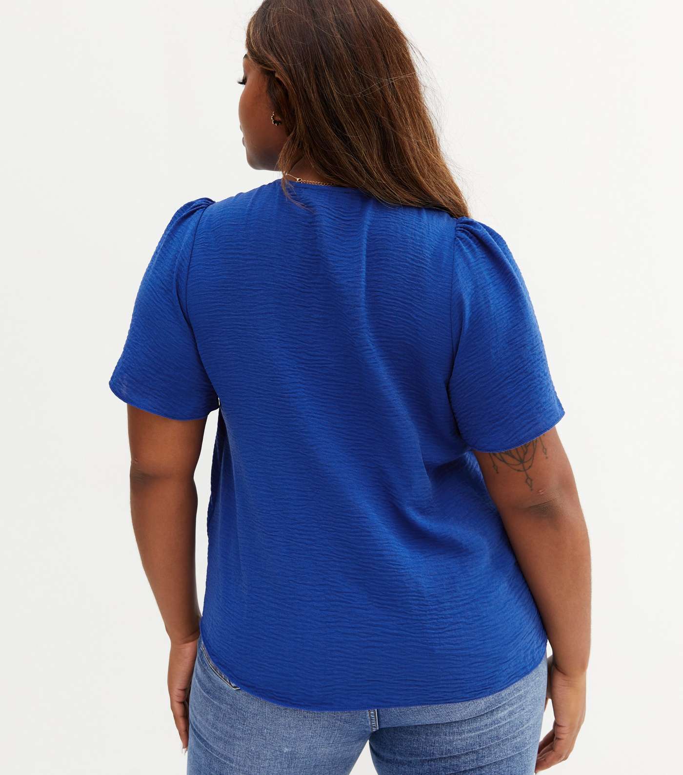 Curves Bright Blue Button Short Sleeve Top Image 4