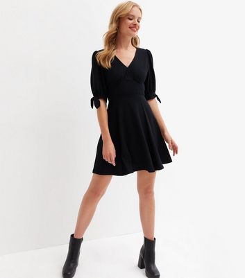 Black Crinkle Jersey Tie Sleeve Mini 