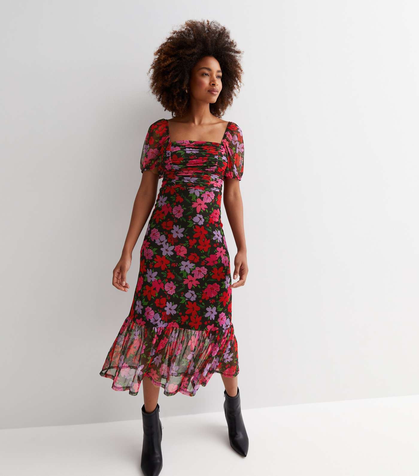 Black Floral Mesh Ruched Tiered Midi Dress