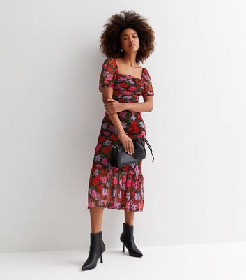 Black Floral Mesh Ruched Tiered Midi Dress