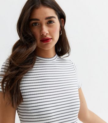 White Stripe Ribbed Belted Midi Dress 
