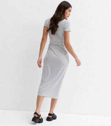 White Stripe Ribbed Belted Midi Dress 