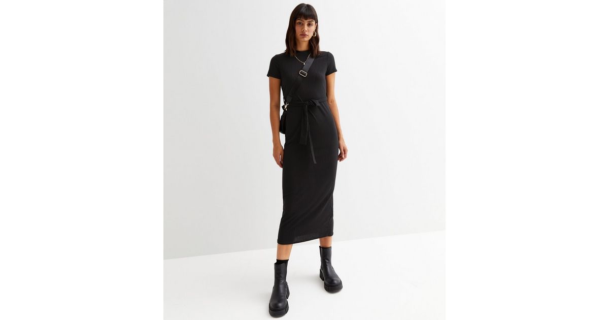Black Ribbed Belted Midi Dress New Look