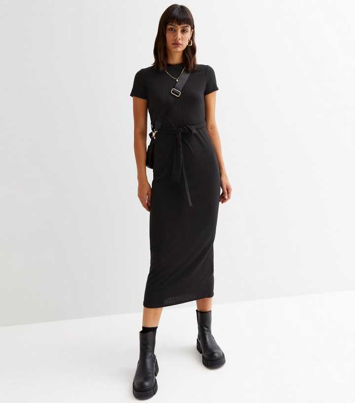 Black Ribbed Belted Midi Dress