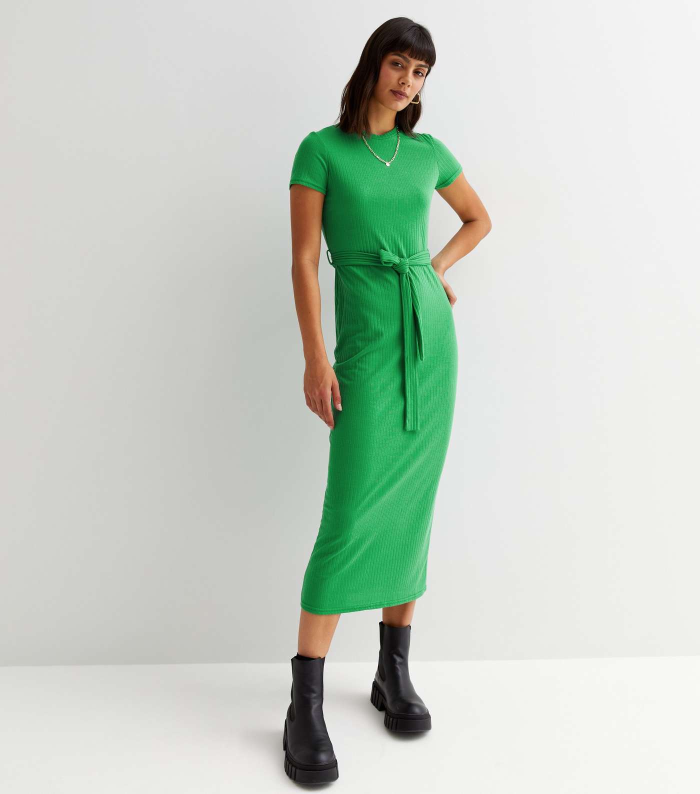 Green Ribbed Belted Midi Dress
