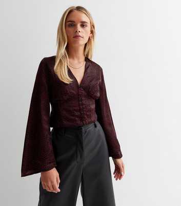 Petite Black Spot Satin V Neck Long Wide Sleeve Corset Top