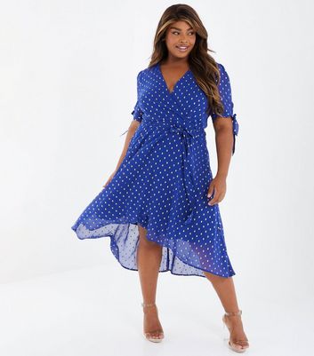 QUIZ Curves Blue Metallic Spot Midi Wrap Dress New Look