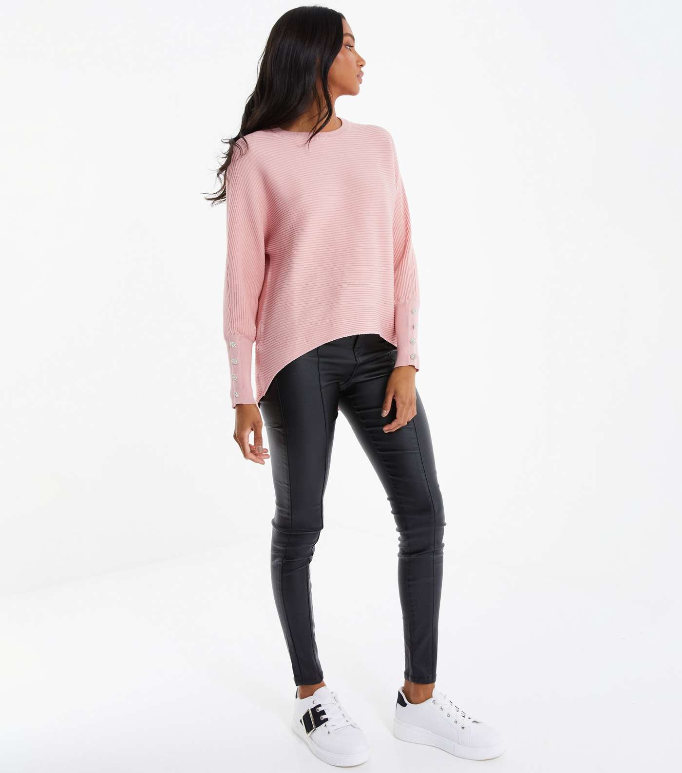 QUIZ Pink Ribbed Knit Crew Neck Button Cuff Jumper Image 2