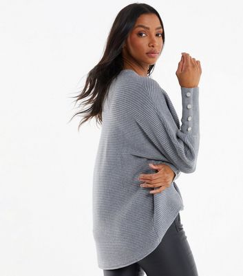 QUIZ Pale Grey Ribbed Knit Crew Neck Button Cuff Jumper New Look