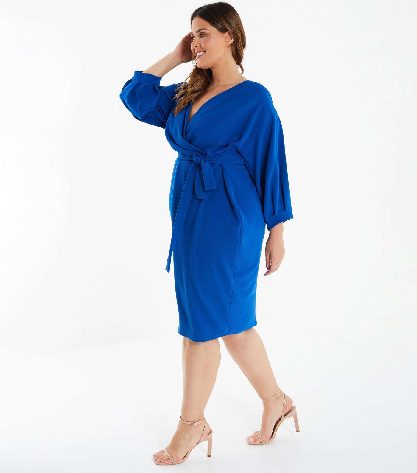 QUIZ Curves Blue 3/4 Sleeve Midi Wrap Dress Image 2