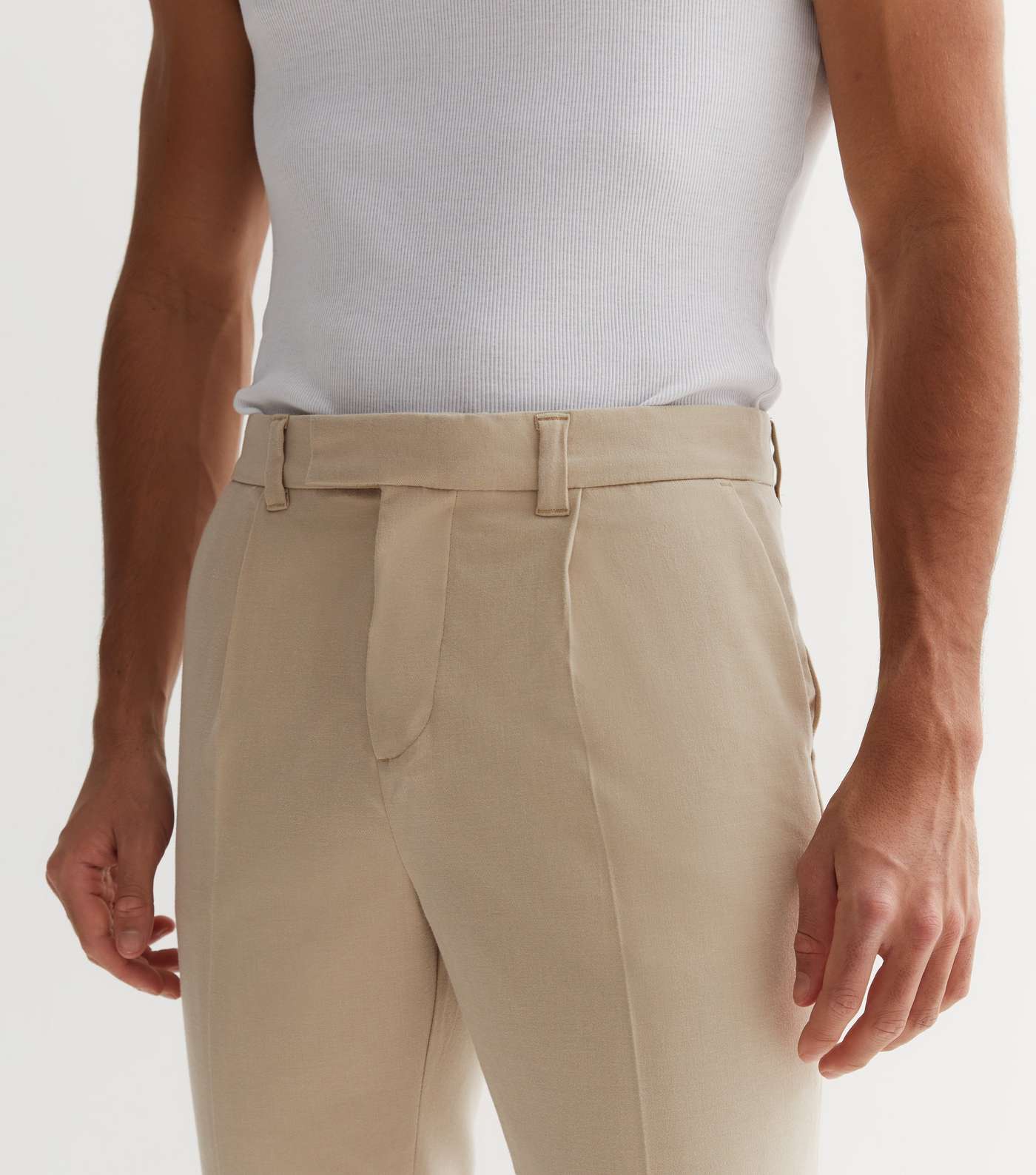 Cream Plain Pleated Slim Trousers Image 3